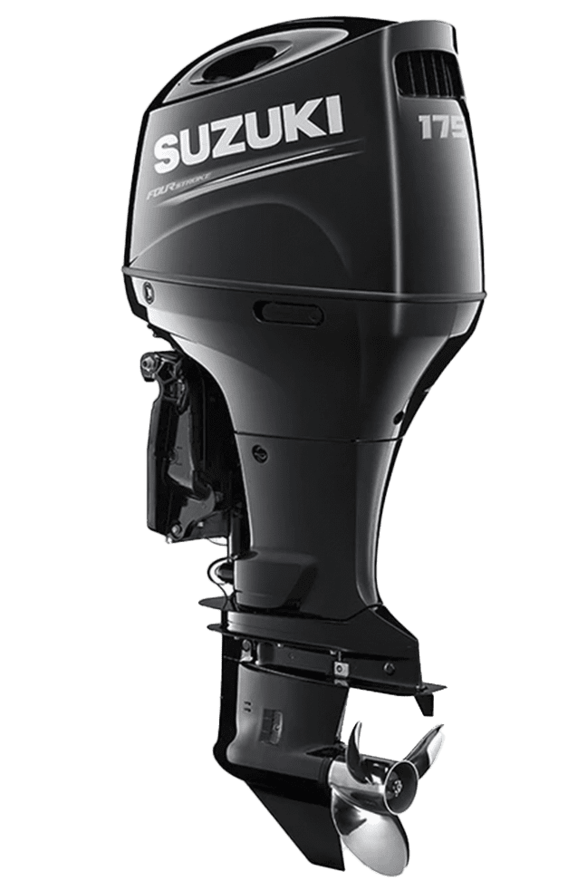 A black outboard motor sitting on top of a green background.