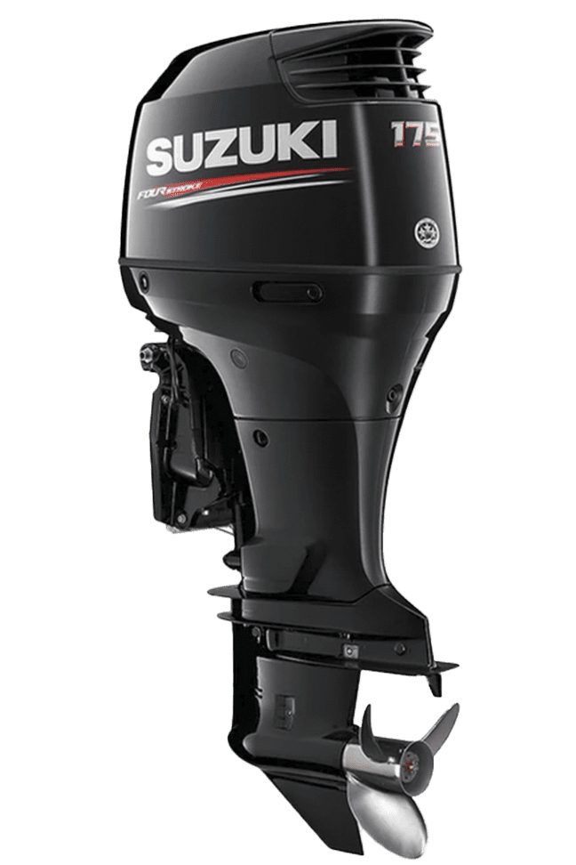 A black suzuki outboard motor sitting on top of a green background.