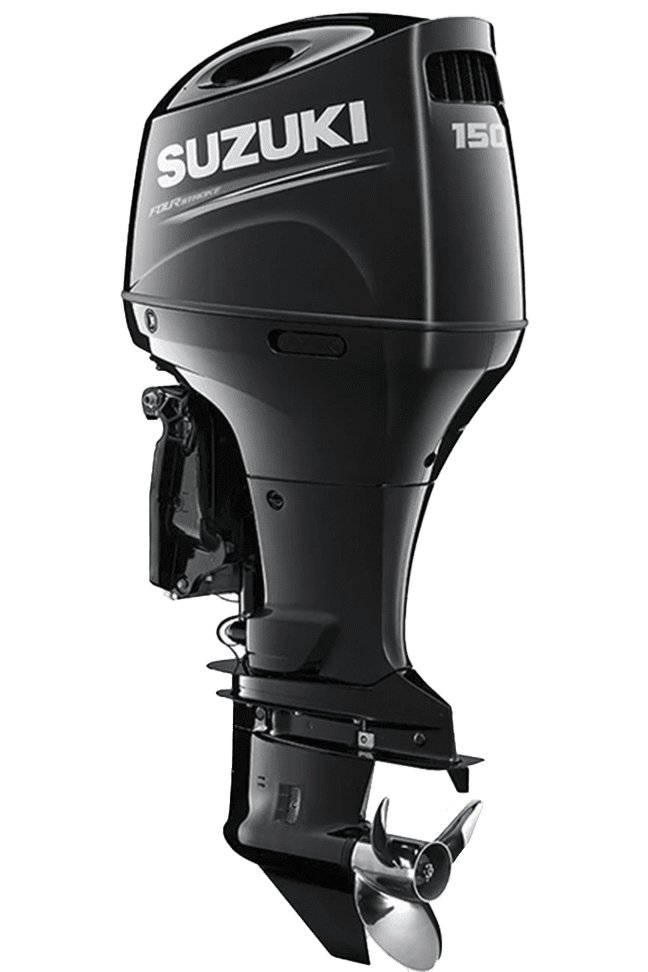 A black outboard motor sitting on top of a green background.