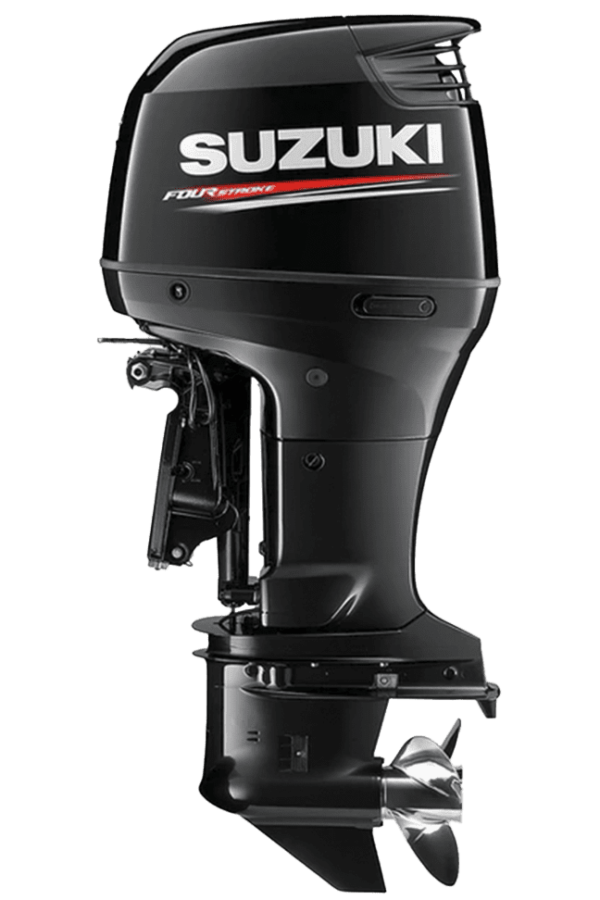 A black suzuki outboard motor sitting on top of a green background.