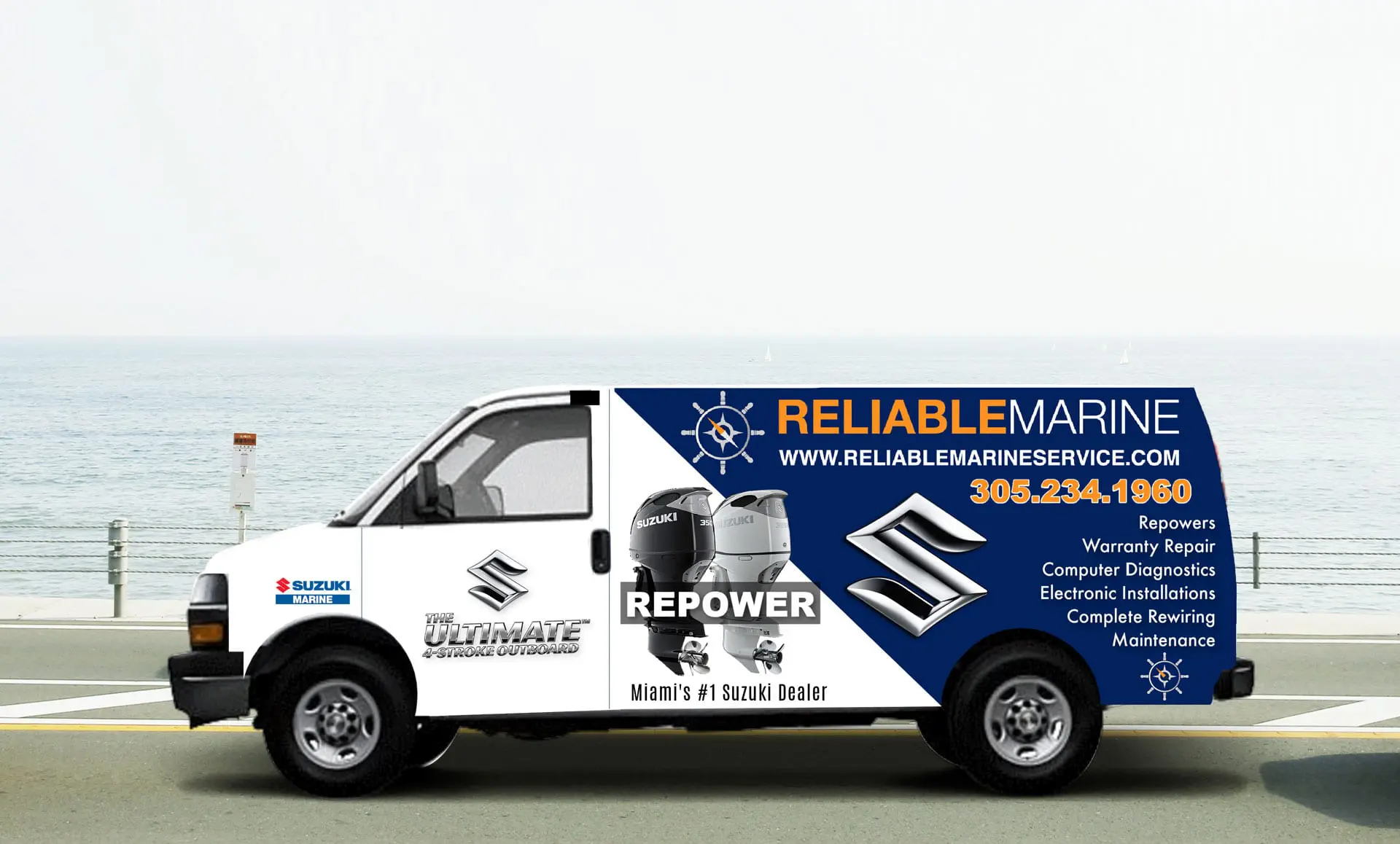 A van with the words reliable marine on it.