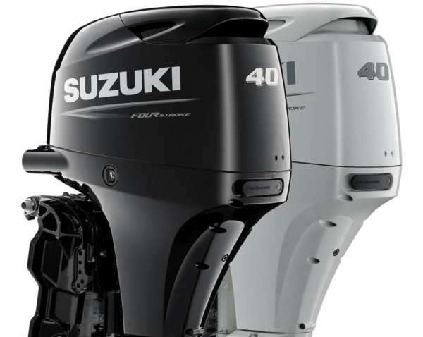 A close up of two suzuki outboards